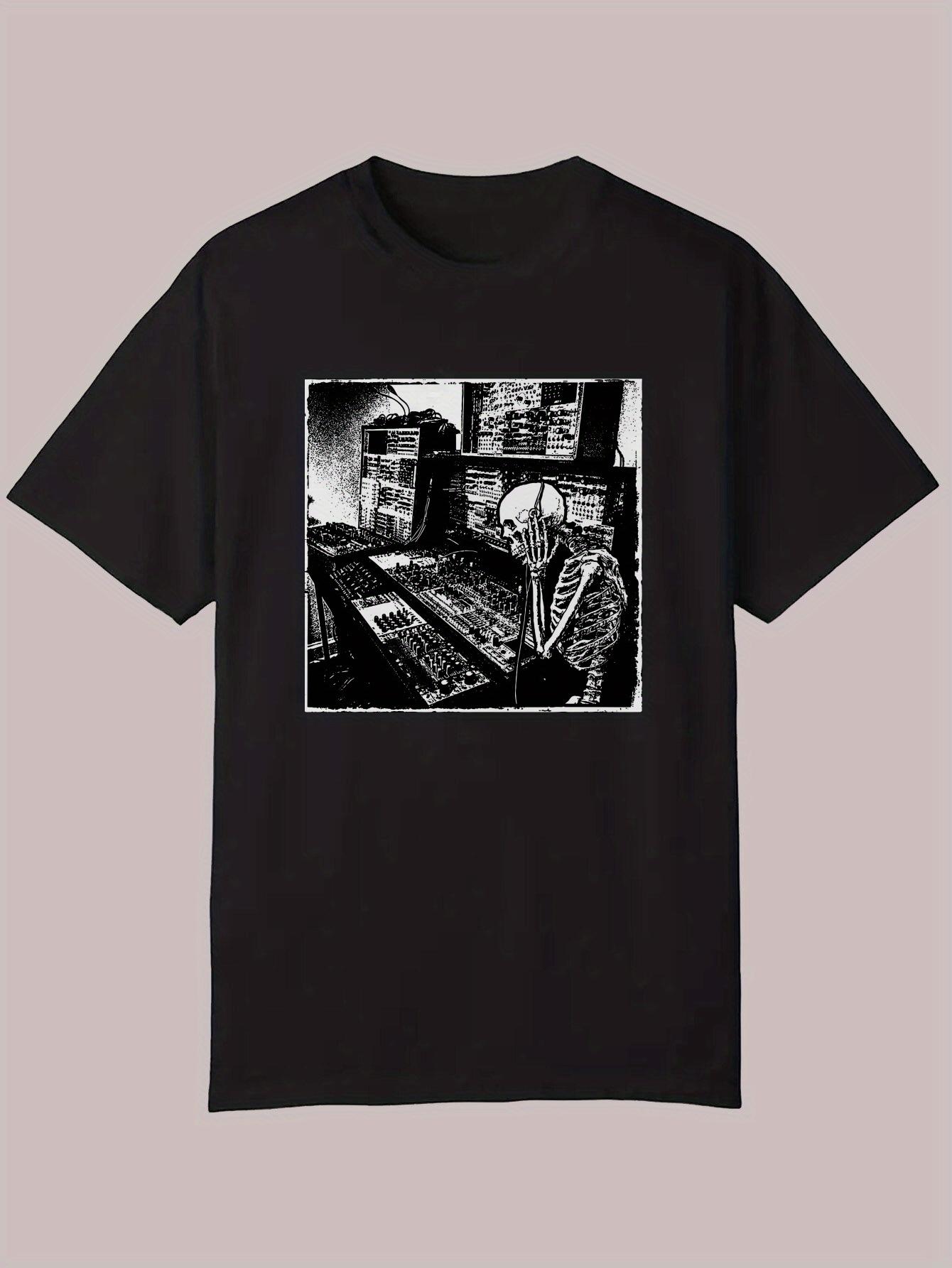 Graphic Print Casual T-shirt - Black Music DJ Skeleton Studio Artwork XXXL