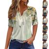 Women Fashion Casual Floral Print V Neck Short Sleeve T Shirt Top with Decorative Buttons Relaxed Fit Blouse for Daily Wear
