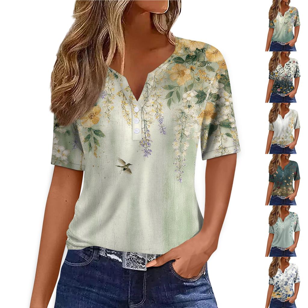 Women Fashion Casual Floral Print V Neck Short Sleeve T Shirt Top with Decorative Buttons Relaxed Fit Blouse for Daily Wear