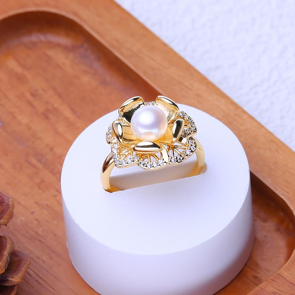 LSOOYH Freshwater Pearl Rings for Women Luxury Wedding Party Gold Color Flower Ring,Birthday Gifts