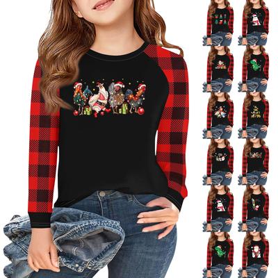 Mädchen Langarm Weihnachts-T-Shirts Kinder Herbst Oberteile Rundhals Basic T-Shirts 5-14J