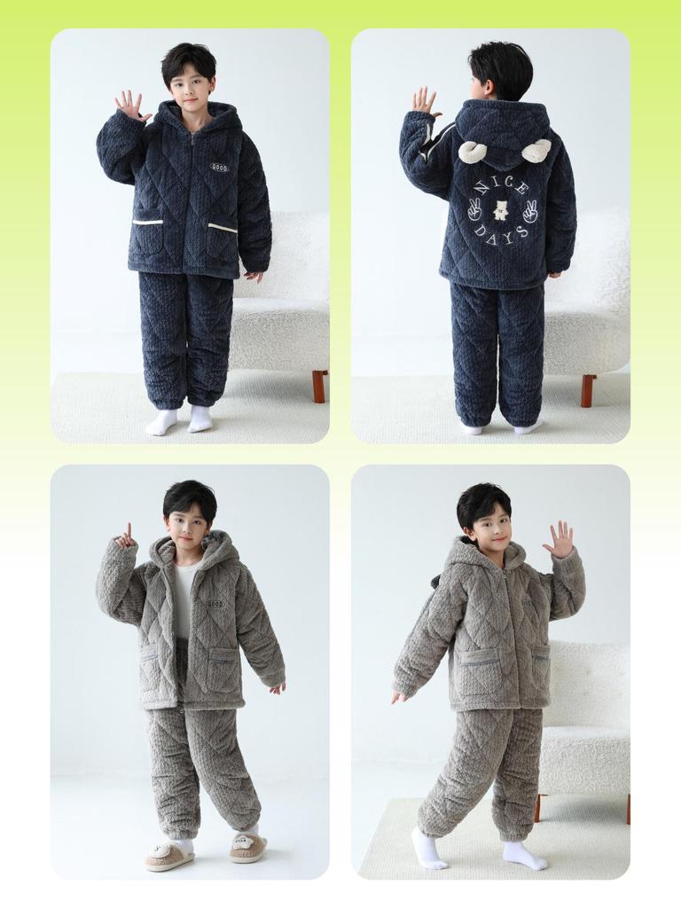 Boys' Winter Quilted Flannel Pajamas - Three-Layer, Medium & Large, Coral Fleece Warm Homewear