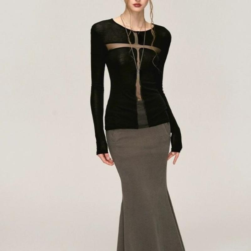 See Through Sexy Black Gothic Tshirts Y2k Aesthetic Cross Gauze Patchwork Women Tees Casual Grunge Harajuku T-shirt Femme