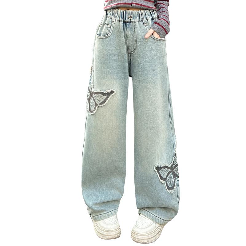 Girls' Jeans Butterfly Patch Denim Wide Leg Pants Children's Straight Leg Pants