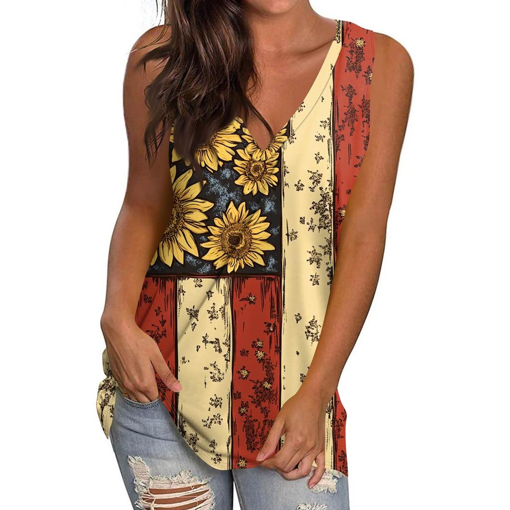 Women's Casual Fashion V-Neck Sleeveless Pullover Top Independence Day Printed Vest T-Shirt