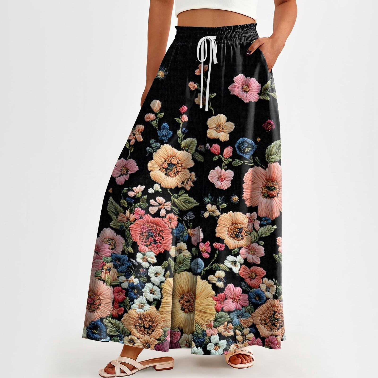 

Женские брюки с высокой талией и карманами, повседневные брюки с цветочным принтом XXL чёрный