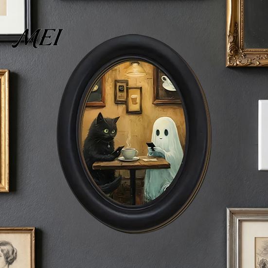 Easy Install Adhesive Wall Sign Halloween Gothic Oval Wooden Hanging Plaque, Vintage Framed Black Cat Little Party Background Ghost Sign, Waterproof
