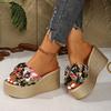 Bedruckte Schleife Klobige Plateausandalen Damen 2025 Sommer Dicke Sohle Strand Hausschuhe Frau Übergröße Mode Keilabsatz Sandalen