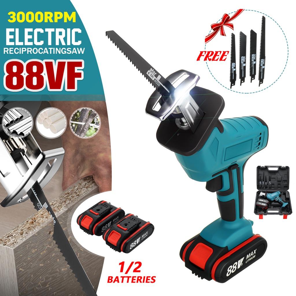 4 Blades Cordless Reciprocating Saw Rechargeable Electric Saw Metal Cutting Woodworking Tool Kit with 1/2 Battery +Box 88V