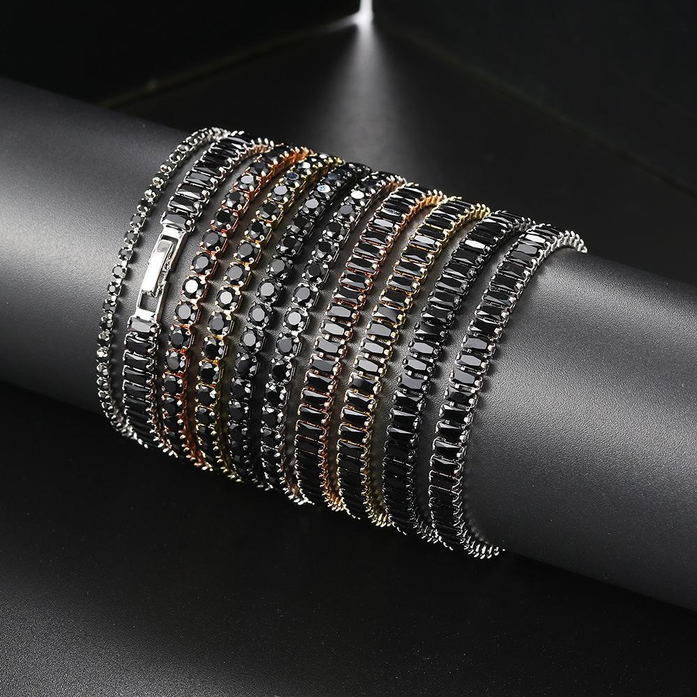 Hip Hop Full Diamond Black Zircon Tennis Bracelet For Men And Women, Round Rectangle Bracelet