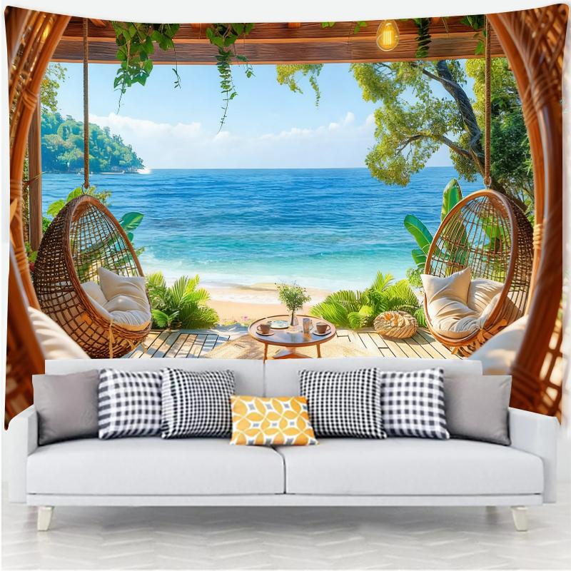 Wall Tapestry with Beach View, Ocean and Palm Tree Art, Tropical Style Design, Bohemian Decoration for Living Room and Bedroom.