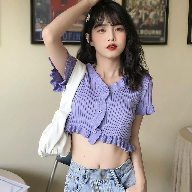 Women's Fashion V-neck Button Ruffled Short Section Exposed Navel Knitted Short Sleeved Cardigan One Size 6 Colors