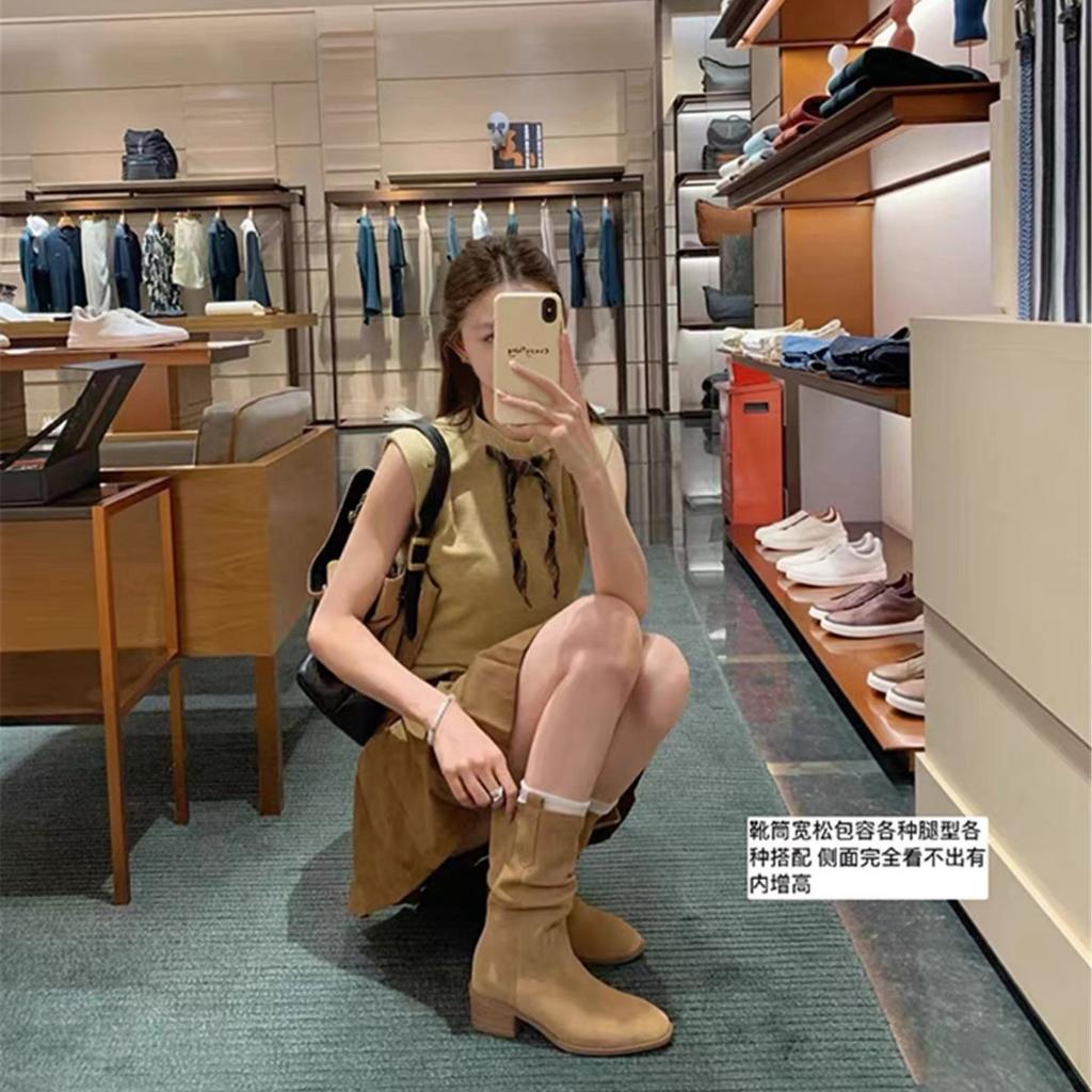 Cowhide Model~ Genuine Leather Small Man Inner Height Increase 8cm Martin Boots Women's Thick Heel Thin Western Medium Tube Short Boots Stacking Boots