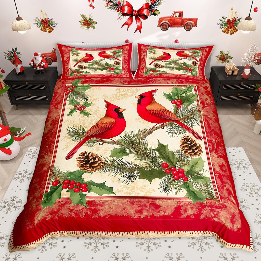 Homewish Wild Cardinal Bird Duvet Cover Set Merry Christmas Xmas Bed Set Snow Cherry Blossoms Quilt Cover Set