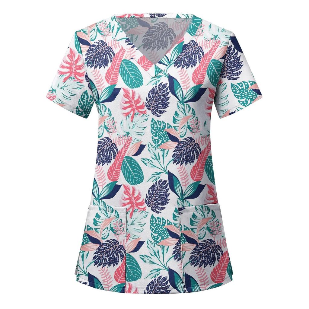 Medical Uniform V-Neck T-Shirts Working Hospital Halloween Short Sleeves Surgical Print Nurse Medical Scrub Print Tops Women Blo