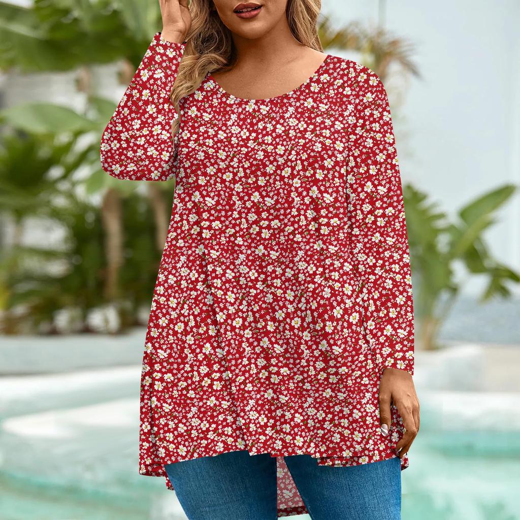 Women's Fashion Large Size Round Neck Long Sleeve Casual Print Loose Pullover Top