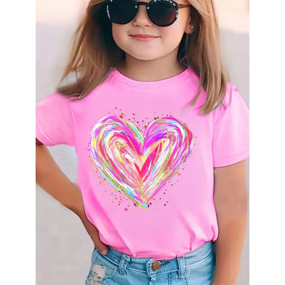 

Children s Pure Cotton T-shirt with Colorful Heart Pattern, Fashion Round Neck, Short Sleeves, Casual and Breathable Top Girls 110