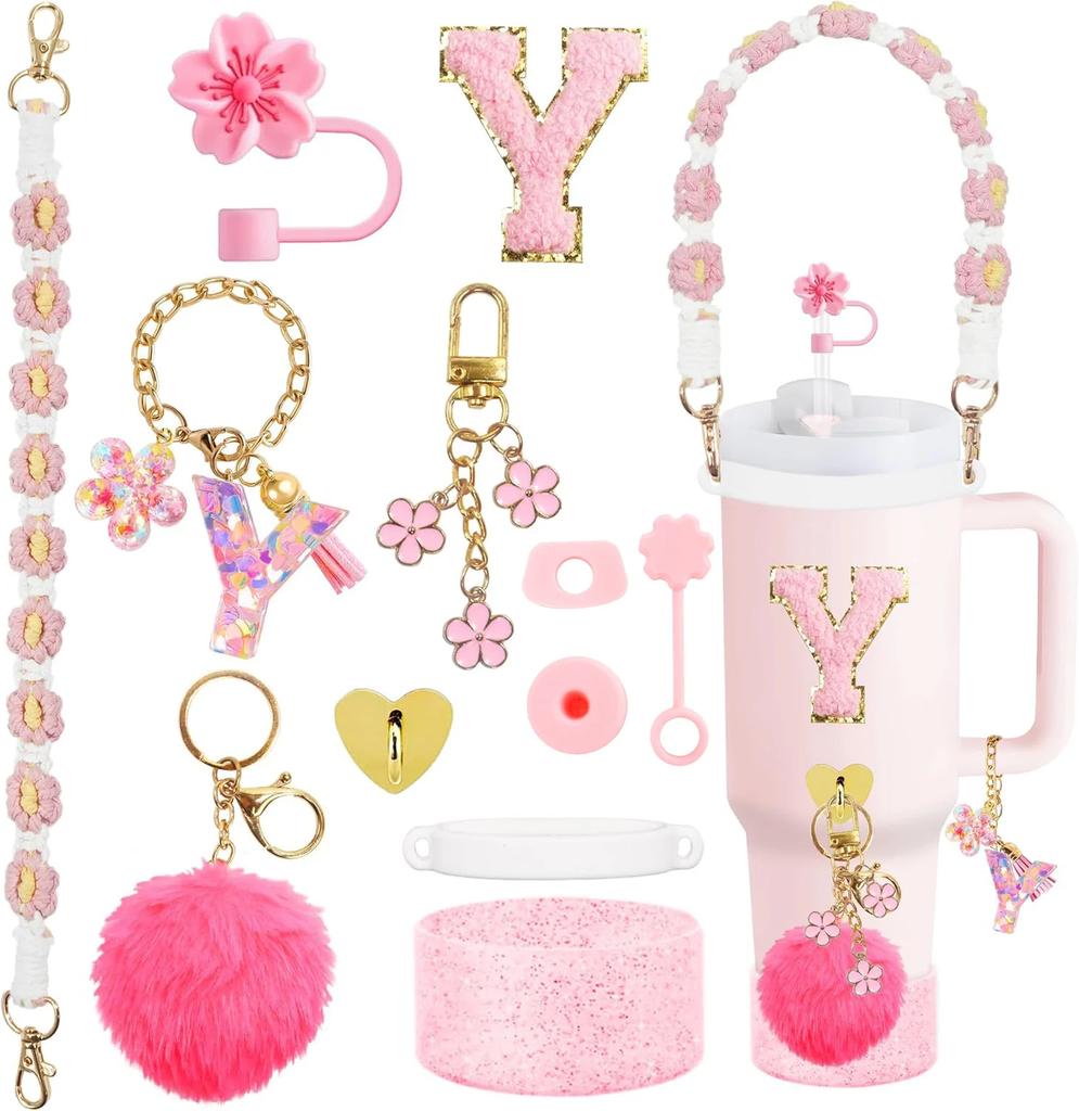 12PCS Cup Accessories for Stanley Cup,Straw Cover Cap 30oz 40oz Water Bottle Handle Strap,Boot,Chains,Personalized Sticker