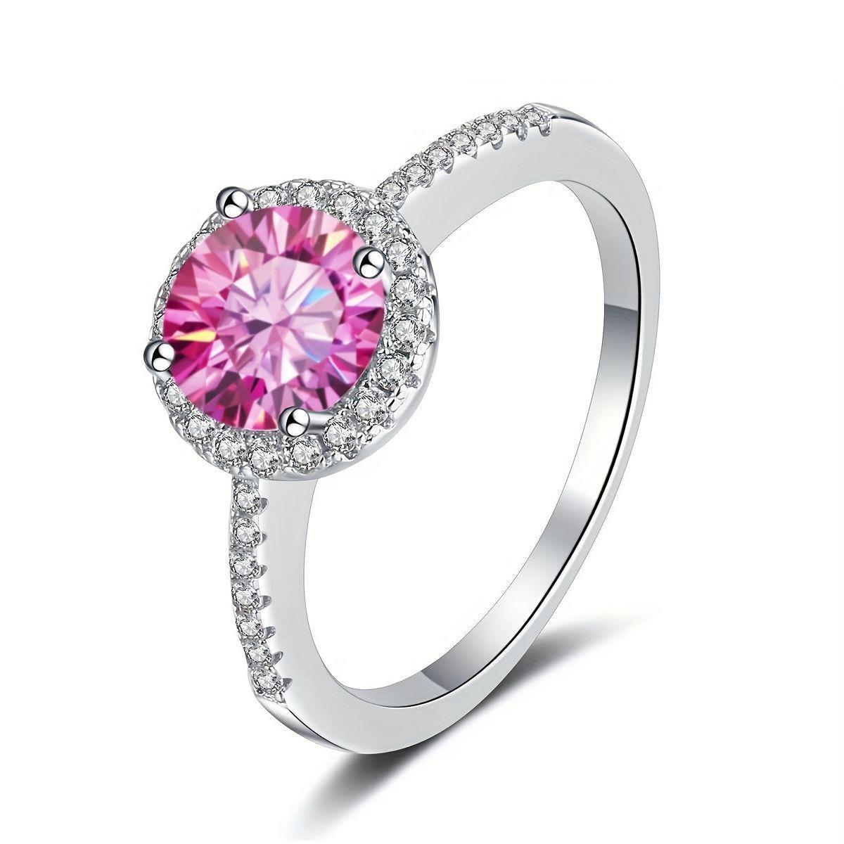 

1 Carat Pink Moissanite Round Cut Ring in 925 Sterling Silver – Women s European and American Christmas Gift US Size 6