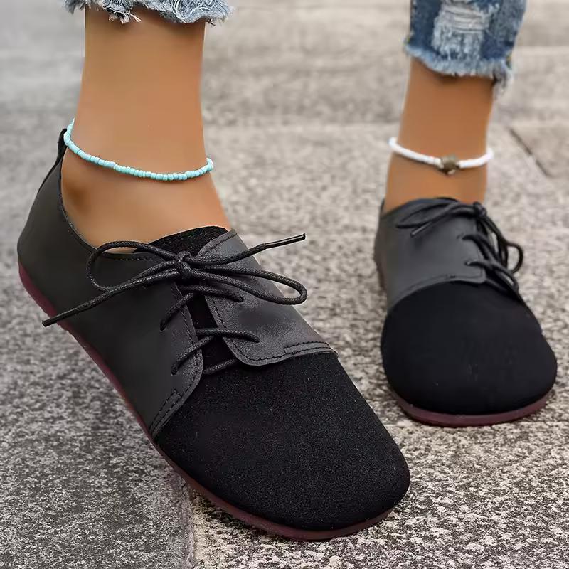 Zapatos planos de punta redonda marrones para primavera y otoño, zapatos planos de ante sintético con cordones para mujer, zapatos casuales suaves para caminar de talla grande para mujer