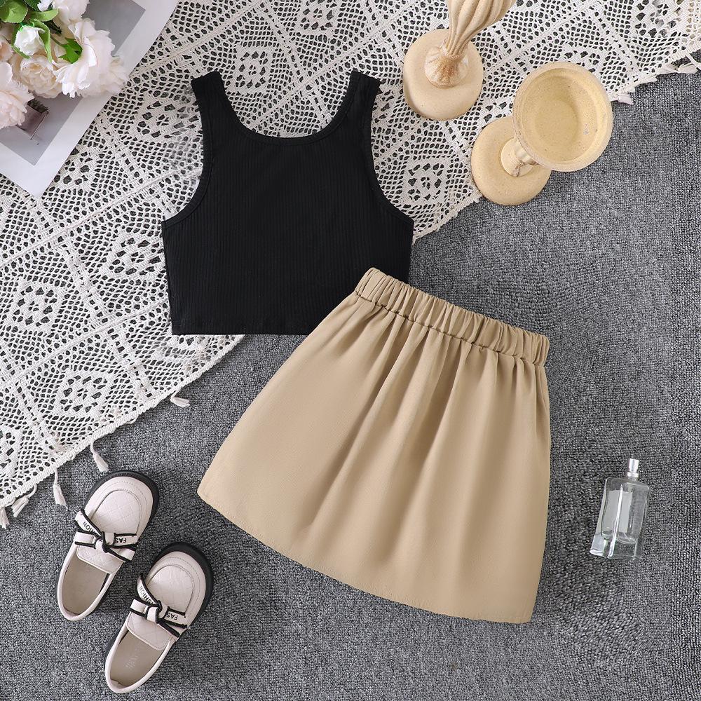 Çocuk Etekleri Çocuk Giyim 8-12Y Kız Çocuk İlkbahar-yaz Yeni Örme Halter Pilili Etek Moda Takım
