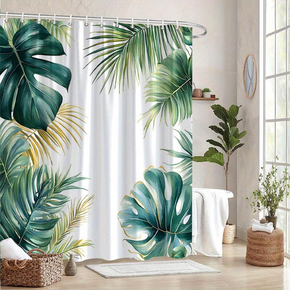 

1 Tropical Monstera Leaf Shower Curtain -Vibrant Green, Yellow And Gold Pattern On White Background With Hooks, Machine Washable 90X180cm