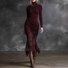 Damen Rollkragen Farbe Slim,Fit Langarm Maxi Kleid mit Spitzensaum