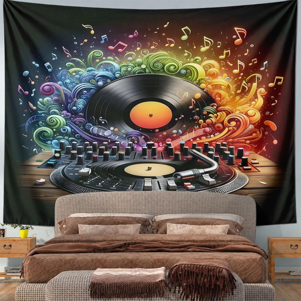 Colorful DJ Turntable with Vinyl Record Pattern Wall Hanging Tapestry Decorative Tapestry Home Decor for Bedroom and Living Room