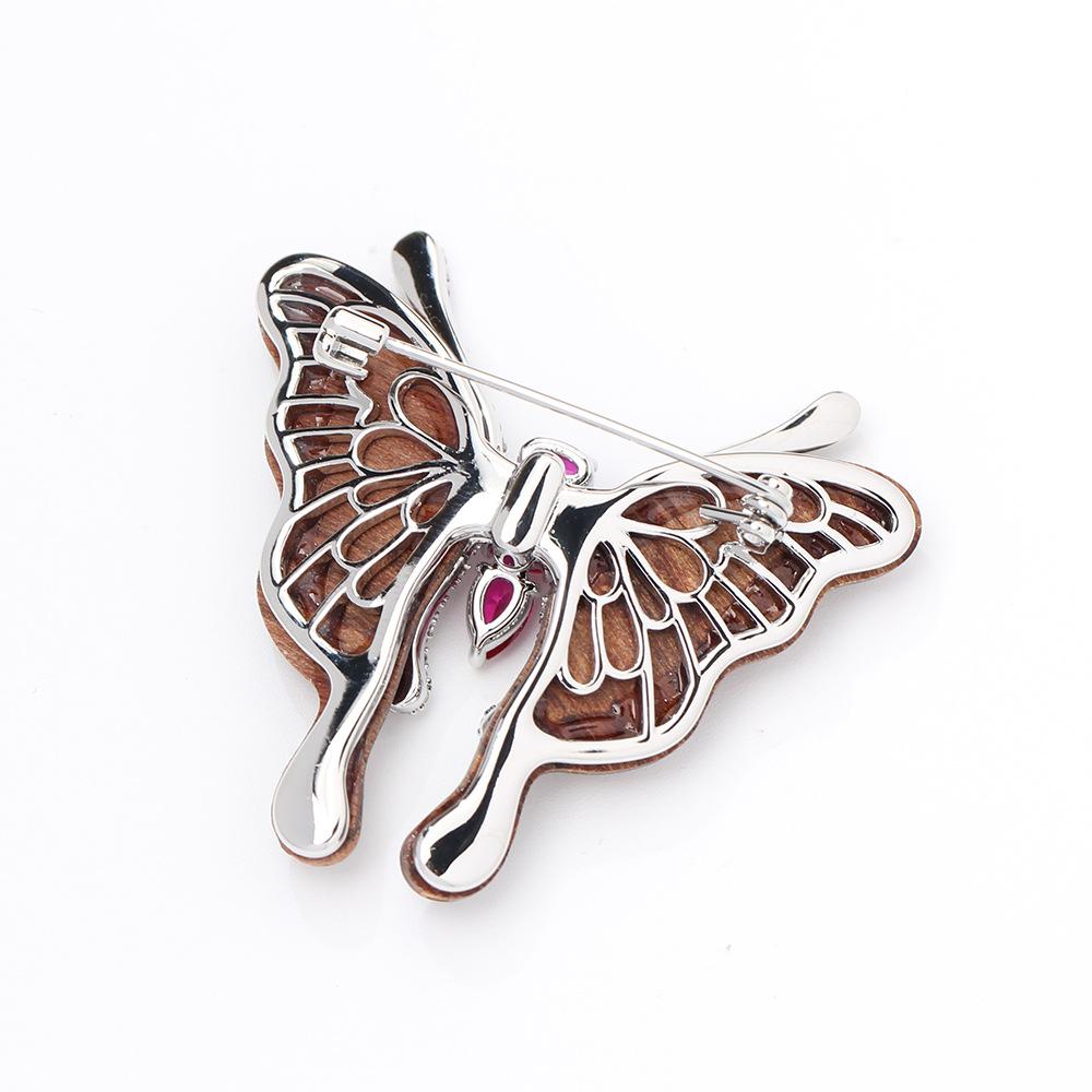 New Natural Wood Wings Butterfly Brooch Three-color High-end Micro-inlaid Zircon Insect Pin Accessories Women's Corsage