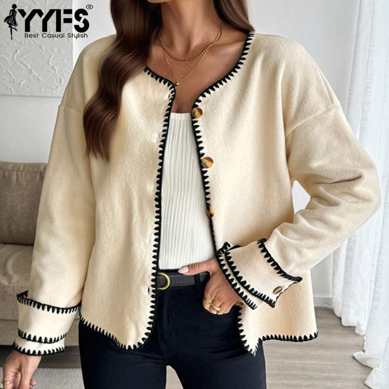 YYFS Women's Fashion Casual Solid Color Print Autumn Winter Long Sleeve O-Neck Jackets & Coats