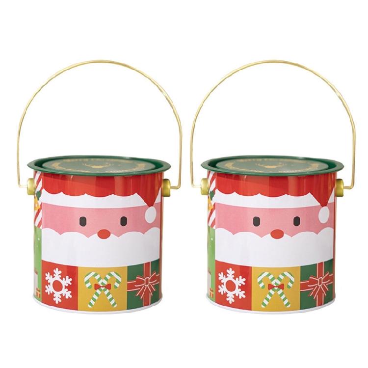 2pcs Decorative Christmas Candy Boxes Handheld Round Bucket Portable Sweets Tins with Handle for Family Gathering