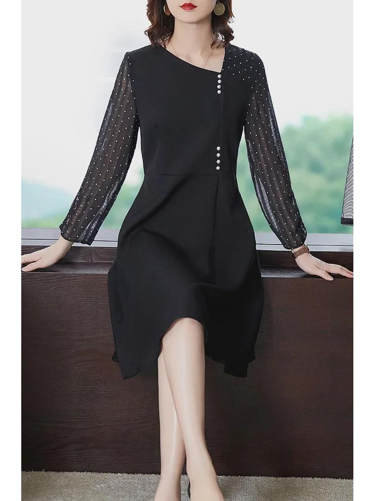 [Clearance] Elegant Spring Dress with Slim Waist, Beaded Polka Dot Long Sleeves - Plus Size
