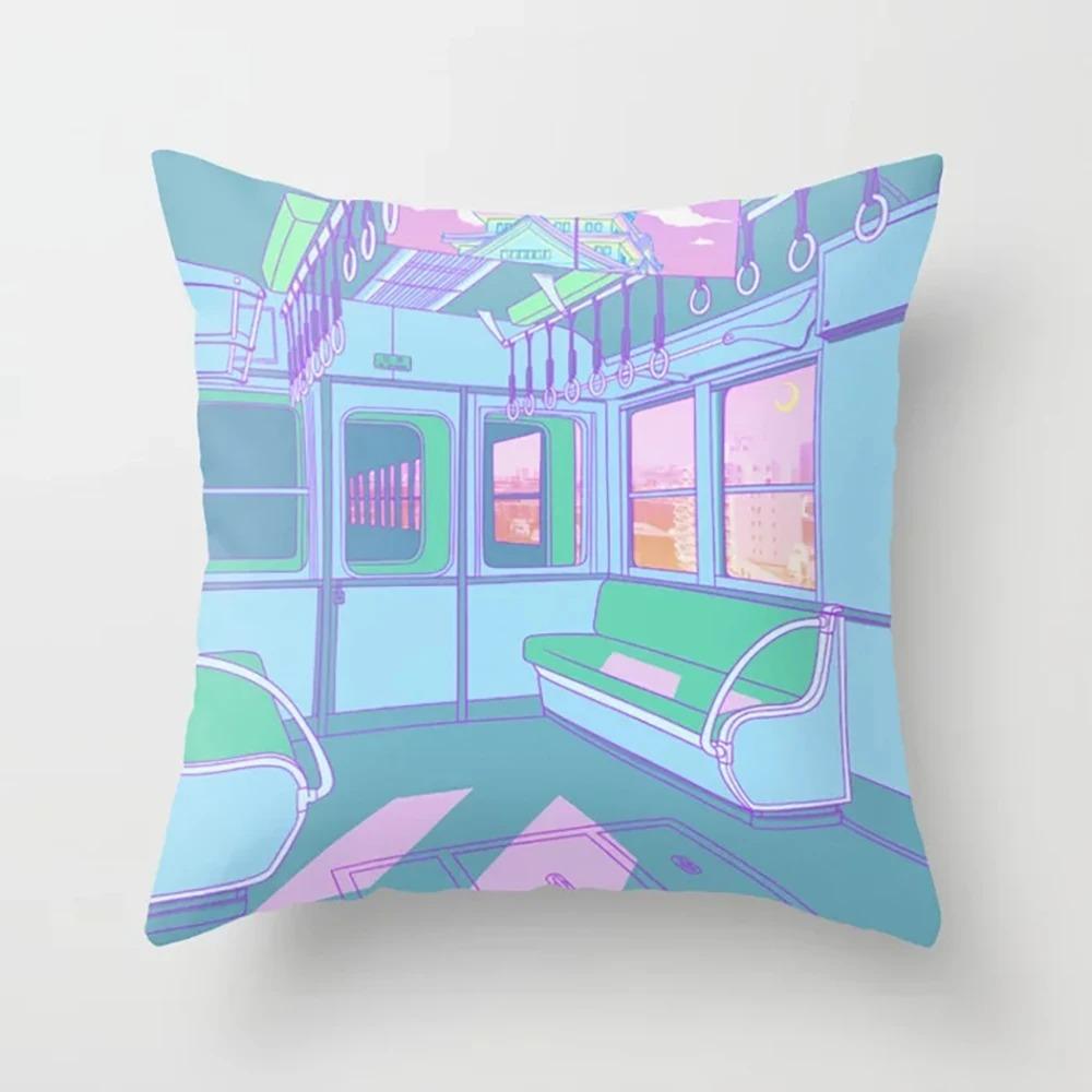 Pink Cartoon City Print Pillowcase Car Ornaments Office Living Room Home Pillowcase