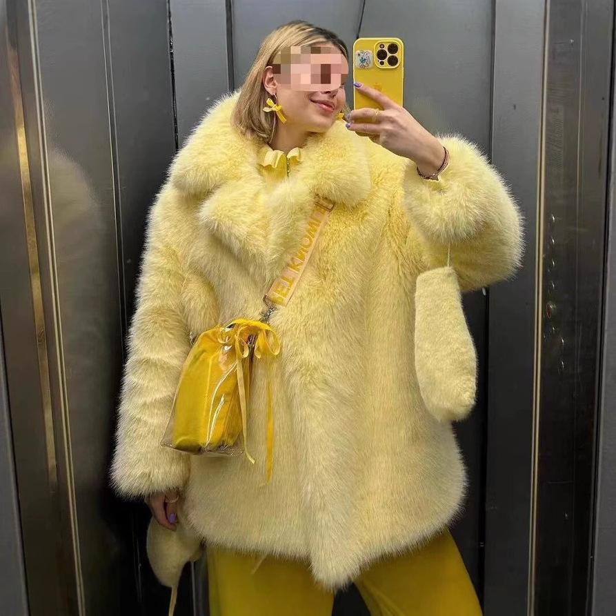 

Winter New Thick Warm Suit Collar Environmentally Friendly Plush Coat Loose Medium Long Fur Coat S