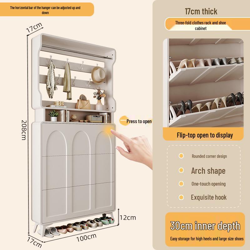 Ultra-Thin Flip-Top Shoe Cabinet & Coat Rack for Entryway Hallway Storage