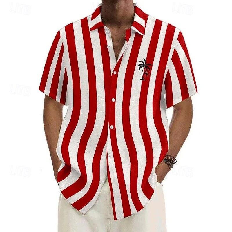 2025 Hawaiian Shirt Men's Summer New Coconut Tree Striped Short Sleeve Shirt Tops Casual Popsicle Shirt Button polyester Clothes