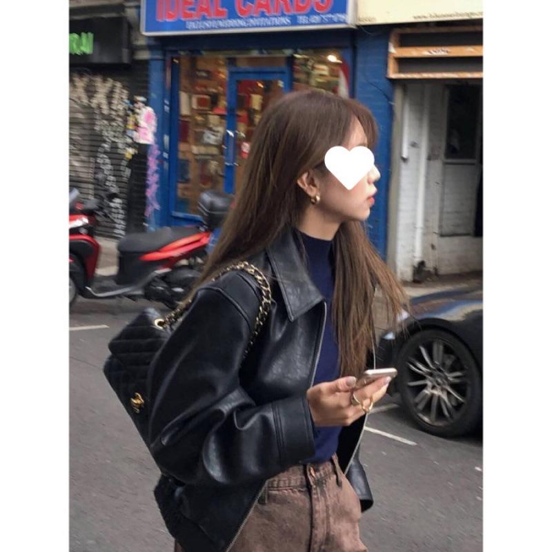 

Women s Petite Retro Black Leather Motorcycle Jacket - Cool, Sassy Style for Spring & Autumn M чорний