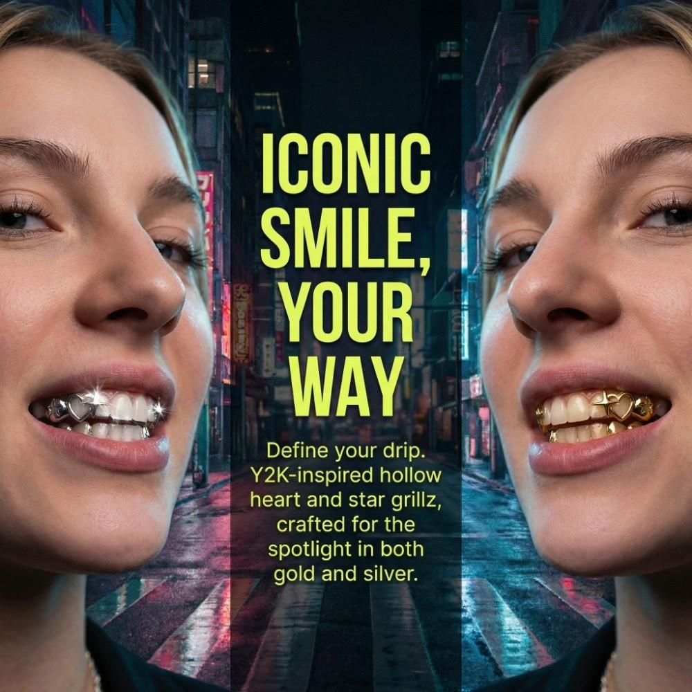 Grillz dentale a forma di cuore traforato placcato oro 18 carati, gioiello personalizzato per denti.
