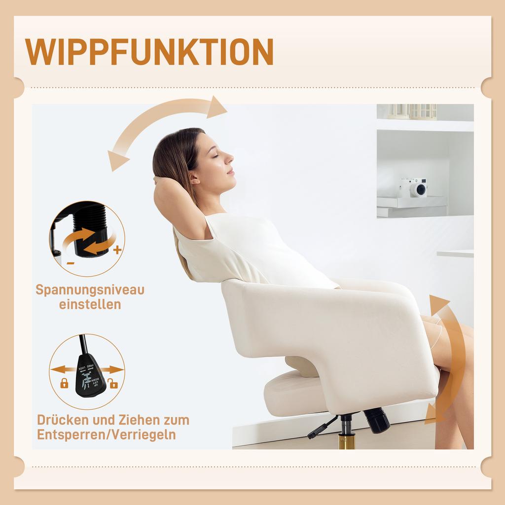 Silla de Escritorio Plegable con Funda de Aspecto Terciopelo, Silla de Oficina Regulable en Altura, Función de Inclinación, Blanco Crema