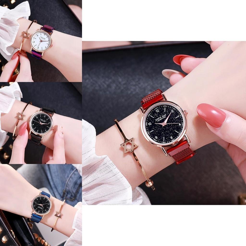 Modische Trendige Damen-Nachtlichtuhr Dekorative Quarz-Zifferblatt Lässiger Stil Roségold Sternenhimmel-Zifferblatt Nicht wasserdicht