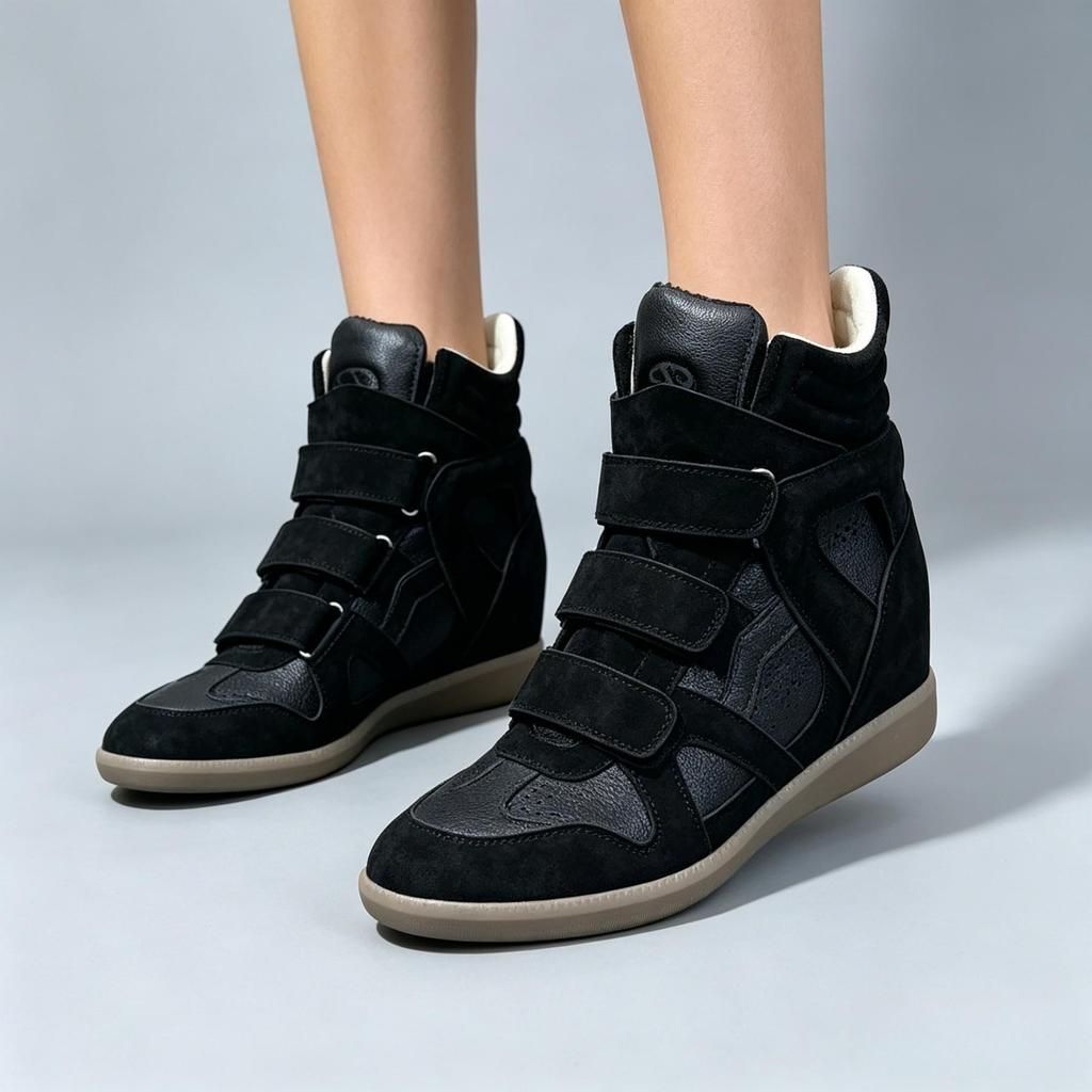 Women's Frosted Leather High-Top Sneakers with Hidden Height-Boosting Sole