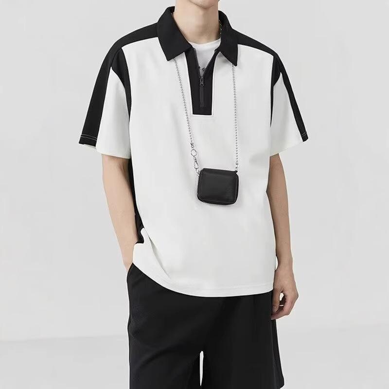 Men Color Block Half Zip Short Sleeve Polo Shirt Oversized Casual Lapel Shirt for Men