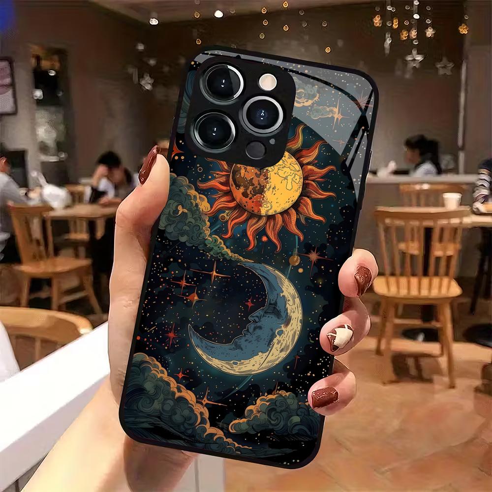 Sun, moon and stars pattern glass mobile phone case suitable for iPhone 17/16/15/14/13/12/11Pro Max all-inclusive anti-fall