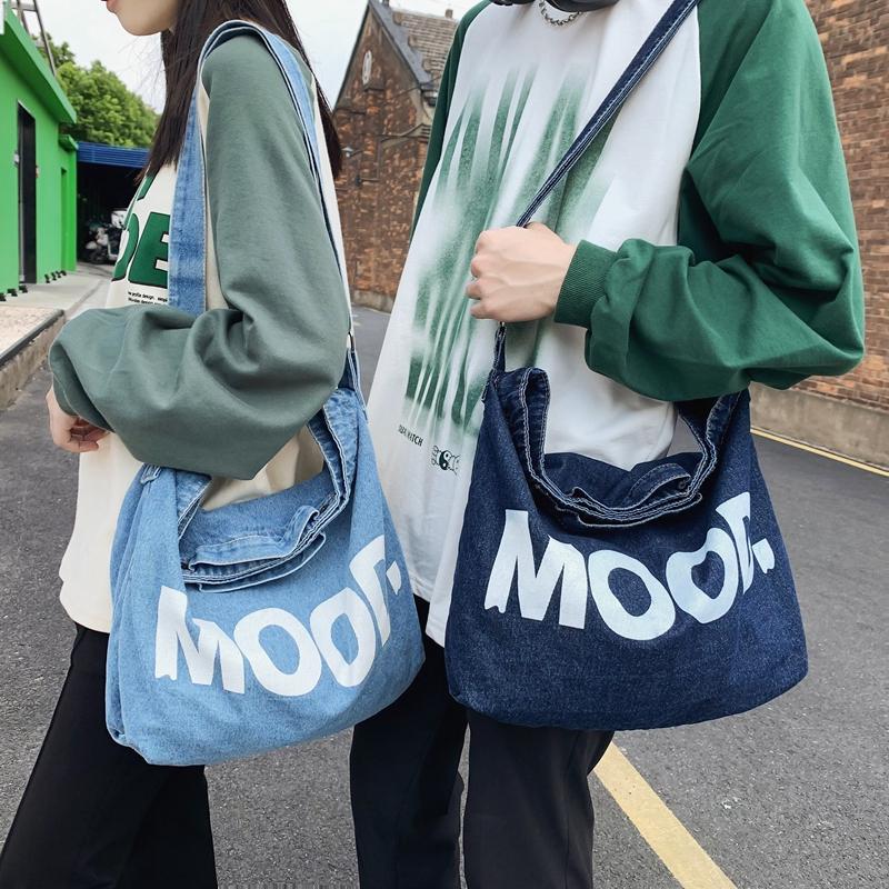 Letter Print Denim Crossbody Bag Large Capacity Student Shoulder Bag Men's Women's Handbags