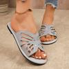 Fashion Plus Size Cutout Breathable Flat Slippers Women's Vintage Round Toe Open Toe Rhinestone Butterfly Soft Sole Beach Cool Mopping