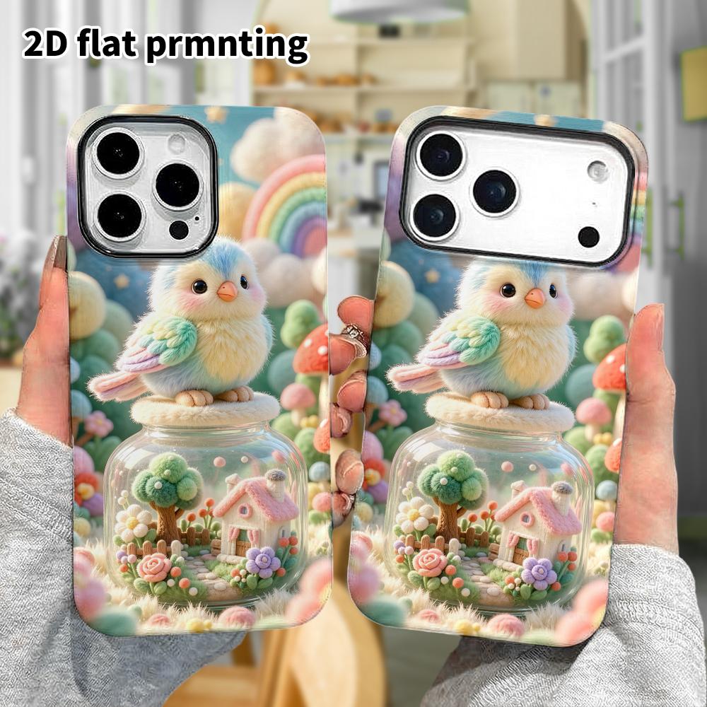 Phone Case: 2D flat design suitable for iPhone 18 17 16 15 14 13 Pro protective case, glass bottle bird, perfect Christmas and Halloween holiday gift