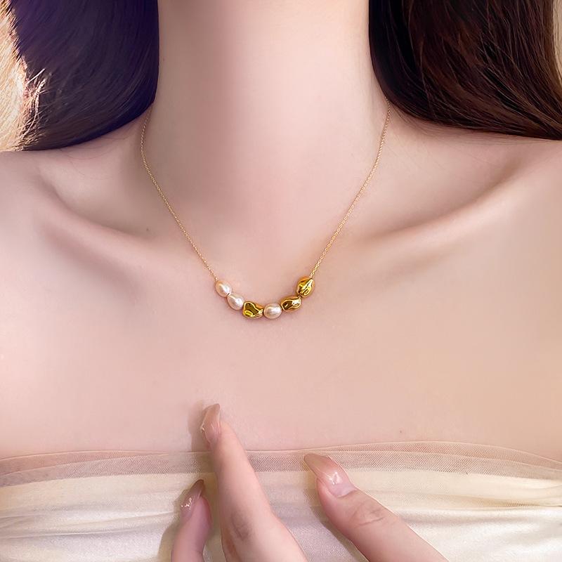 Small Golden Bean Baroque Special-Shaped Freshwater Pearl Necklace Niche Design Simple Temperament Cold Wind Collarbone Chain