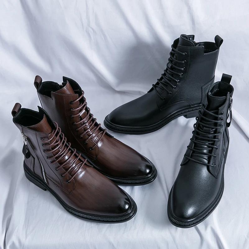 Punk Style Brown Leather Motorcycle Boots High Top Mens Casual Shoes Side Zipper Denim Boots Classics Male Ankle Boots Footwear