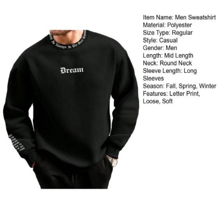 Men Casual Thick Warm Sweatshirt Fall Winter Letter Print Round Neck Long Sleeve Loose Soft Top