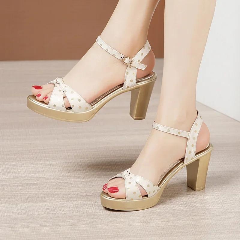 8cm 10cm Small Size 32-43 Elegant Polka Dot Shoes Summer Platform Sandals 2025 Womens Block High Heels Sandals for Office Model